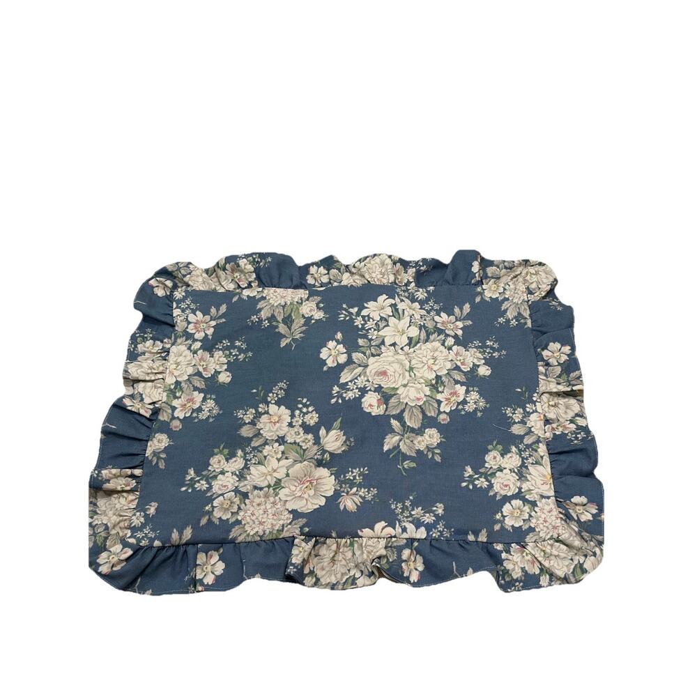 Vintage Martex Blue Beige Floral Ruffled Shabby Chic Cottage Stand Pillow Shams - Picture 5 of 10